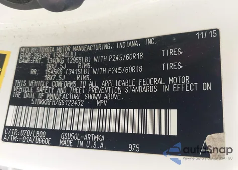 2016 Toyota Highlander Xle V6 from USA, damaged, VIN 5TDKKRFH7GS122432